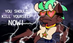  5:3 anthro antlers brown_body clothing collar crossed_arms electricity english_text eyewear glasses green_hair hair heart_clothing heart_symbol horn jamsire lightning low_tier_god lucky_prize_(jamsire) meme peryton photo_background photography_(artwork) shitpost solo star text wings 