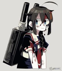  ahoge black_hair black_serafuku blood blood_on_clothes blood_on_face blue_eyes braid closed_mouth dated dirty dirty_face female grey_background hair_between_eyes hair_flaps hair_ornament hair_over_shoulder hair_ribbon highres injury kantai_collection long_hair neckerchief red_neckerchief red_ribbon ribbon rigging sailor_collar school_uniform serafuku shigure_(kancolle) shigure_kai_ni_(kancolle) short_sleeves simple_background single_braid solo uotsu_(sabakou) 