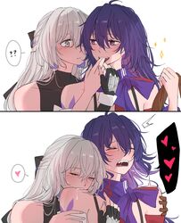  2girls ? ?? biting biting_shoulder blush bronya_rand closed_eyes closed_mouth finger_in_another&#039;s_mouth gloves heart highres honkai:_star_rail honkai_(series) kaosmccloud multiple_girls parted_lips saliva seele_(honkai:_star_rail) single_glove spoken_heart spoken_question_mark teeth tongue unworn_gloves upper_teeth_only yuri 