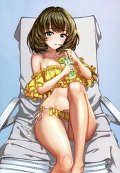  absurdres barefoot bikini blue_eyes breasts brown_hair chair cleavage cup drink drinking_glass drinking_straw feet_out_of_frame female frilled_bikini frills green_eyes hamahama heterochromia highres idolmaster idolmaster_cinderella_girls looking_at_viewer lounge_chair lying mole mole_under_eye scan short_hair side-tie_bikini_bottom simple_background solo swimsuit takagaki_kaede white_background yellow_bikini 