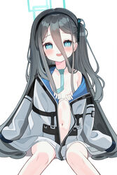  :d absurdres anparu arisu_(blue_archive) black_hair black_hairband blue_archive blue_eyes blue_necktie bright_pupils collarbone female hair_between_eyes hairband highres jacket long_hair looking_at_viewer mechanical_halo multicolored_clothes multicolored_jacket naked_jacket navel necktie no_panties nude one_side_up open_mouth ringed_eyes smile white_background white_pupils 