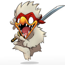  1:1 anthro avian beak bird chicken chicken_(nuclear_throne) female fur galliform gallus_(genus) happy hi_res jumping melee_weapon nuclear_throne phasianid simple_background smile solo superbinario sword teeth toothed_beak weapon white_eyes 