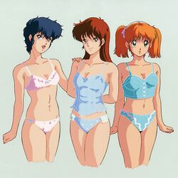  1980s_(style) 3girls arms_behind_back blue_hair bra brown_hair cropped_legs emoto_miki hairband hand_on_another&#039;s_shoulder long_hair looking_at_viewer lowres midnight_anime_lemon_angel multiple_girls navel non-web_source official_art open_mouth orange_hair retro_artstyle sakurai_tomo shima_erika short_hair simple_background smile underwear underwear_only 