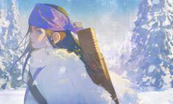  absurdres ainu ainu_clothes asirpa bandana black_hair blue_bandana blue_eyes blue_sky cape commentary conifer earrings female fur_cape golden_kamuy highres hoop_earrings jewelry kkia long_hair looking_to_the_side outdoors sidelocks sky snow solo tree 