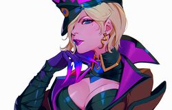  absurdres bandaged_arm bandages black_hat blonde_hair blue_eyes breasts brown_jacket chadetteisgiga chromatic_aberration cleavage cleavage_cutout clothing_cutout collared_shirt earrings evelynn_(league_of_legends) eyeshadow female hair_over_one_eye hat highres jacket jewelry large_breasts league_of_legends looking_at_viewer makeup mole mole_under_eye official_alternate_costume official_alternate_hairstyle parted_lips pink_hat purple_lips shirt short_hair simple_background solo soul_fighter_(league_of_legends) soul_fighter_evelynn upper_body white_background 