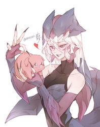  animal artist_name bare_shoulders bebseo black_nails blush breasts cleavage commission english_commentary facial_mark female hair_between_eyes heart highres holding holding_animal large_breasts league_of_legends light_blush long_hair oerba_yun_fang pig purple_eyes rek&#039;sai sidelocks simple_background smile solo teardrop tears whisker_markings white_background white_hair 