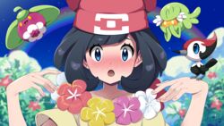  :o beanie bird black_hair blue_eyes blush bounsweet comfey commentary_request day eyelashes female flower hands_up hat highres medium_hair nashirasauce open_mouth outdoors pikipek pink_nails pokemon pokemon_(creature) pokemon_sm rainbow red_headwear selene_(pokemon) shirt short_sleeves sky t-shirt watermark yellow_shirt 