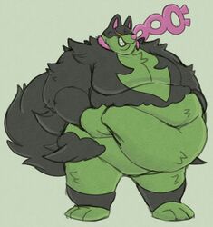  3_toes absurd_res anthro belly big_belly black_body black_fur canid canine feet fluffy fluffy_tail fur generation_9_pokemon green_body green_fur hand_on_belly hands_on_belly hi_res holding_stomach legendary_pokemon male mammal moobs multicolored_body multicolored_fur navel nintendo obese obese_anthro obese_male okidogi overweight overweight_anthro overweight_male pink_nose pokemon pokemon_(species) sharp_teeth solo standing tail teeth toes two_tone_body two_tone_fur wiishyishii yellow_sclera 