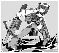  bike_shorts crossbow dated female greyscale hair_between_eyes headgear highres holding holding_crossbow holding_magazine_(weapon) holding_weapon jacket kantai_collection magazine_(weapon) monochrome parted_lips repeating_crossbow rigging short_hair shorts simple_background solo standing taihou_(kancolle) thighhighs uotsu_(sabakou) water weapon 