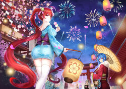  6+girls absurdly_long_hair absurdres aerial_fireworks ahoge alternate_costume architecture azur_lane belfast_(azur_lane) blue_eyes blue_hair blunt_bangs breasts building candy_apple cherry_blossoms cleavage commentary_request dango detached_sleeves east_asian_architecture english_commentary festival fireworks food formidable_(azur_lane) from_behind from_below grey_hair hair_between_eyes hair_ornament hair_ribbon hairband hanging_lantern highres holding holding_food holding_lantern holding_umbrella honolulu_(among_the_stalls)_(azur_lane) honolulu_(azur_lane) hugging_doll hugging_object japanese_clothes kimono lantern long_hair long_sleeves looking_at_viewer low_ponytail maid maid_headdress mixed-language_commentary multiple_girls night night_sky official_alternate_costume oil-paper_umbrella one_side_up paper_lantern petals ponytail purple_eyes purple_hair red_eyes red_hair ribbon sakuramon sanshoku_dango short_hair sidelocks sirius_(azur_lane) sky st._louis_(azur_lane) st._louis_(spirits_in_the_snow)_(azur_lane) star_(sky) starry_sky stuffed_animal stuffed_toy stuffed_winged_unicorn suffolk_(azur_lane) thighhighs torii twintails umbrella unicorn_(azur_lane) very_long_hair w-verne wagashi white_hair white_thighhighs wide_sleeves yukata zettai_ryouiki 