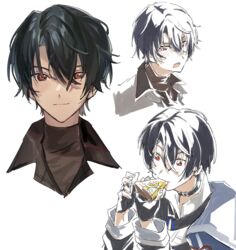  1boy black_choker black_gloves black_hair blush choker closed_mouth eating fingerless_gloves fingernails food gloves hair_between_eyes highres holding holding_food mahoutsukai_no_yakusoku male_focus multiple_views open_mouth red_eyes shino_sherwood simple_background smile somosimosi teeth tongue turtleneck white_background 