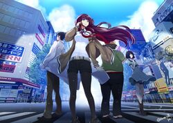  2boys 2girls akihabara_(tokyo) amami_amayu back belt black_hair black_pantyhose blouse blue_eyes blue_sky breasts brown_hair building cloud coat commentary crosswalk hashida_itaru hat jacket long_hair looking_at_viewer makise_kurisu multiple_boys multiple_girls necktie okabe_rintarou outdoors pants pantyhose red_hair road shiina_mayuri shirt short_hair shorts skirt sky standing steins;gate street thighhighs white_coat 