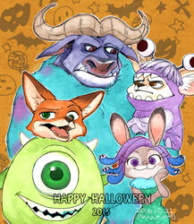  2016 amarimo anthro bovid bovine canid canine cape_buffalo celia cheek_tuft chief_bogo clothing costume crossover disney facial_tuft fennec_fox finnick_(zootopia) fox fur grey_body grey_fur group halloween halloween_costume holidays horn judy_hopps lagomorph leporid mammal mike_wazowski monsters_inc nick_wilde open_mouth orange_body orange_fur pixar rabbit red_fox smile tan_body tan_fur true_fox tuft zootopia 