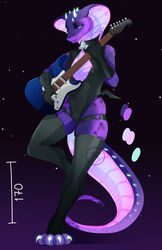  2023 absurd_res anthro big_tail black_clothing black_legwear black_leotard black_stockings breasts camel_toe clothing cobra electric_guitar female fender_musical_instruments_corporation front_view guitar hi_res holding_guitar holding_musical_instrument holding_object legwear leotard long_tail looking_at_viewer medium_breasts musical_instrument non-mammal_breasts playing_guitar playing_music plucked_string_instrument purple_body purple_scales reptile scales scalie smile smiling_at_viewer snake snake_hood snorlaxk solo standing stockings stratocaster string_instrument tail tapering_tail thick_tail 