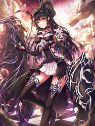  absurdres armor black_choker black_flower black_footwear black_gloves black_hair black_hairband black_skirt black_thighhighs boots breasts brown_eyes chess_piece choker cleavage closed_mouth clothing_cutout commentary covered_navel crown elbow_gloves female flower foot_out_of_frame garter_straps gloves h2o_(dfo) hair_between_eyes hairband high-low_skirt highres holding holding_polearm holding_weapon knight_(chess) lance long_hair looking_at_viewer medium_breasts original polearm revision shoulder_armor side_cutout sideless_outfit silver_trim skirt solo standing standing_on_one_leg statue symbol-only_commentary thighhighs tile_floor tiles two-tone_skirt weapon white_skirt yellow_eyes 