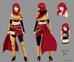  alternate_hairstyle armor bare_shoulders breastplate choker circlet closed_eyes english_commentary female full_body green_eyes grey_background high_heels looking_at_viewer medium_hair midriff multiple_views navel pyrrha_nikos red_hair rwby simple_background sleeveless standing thighhighs yaya_(y8ay8a) 