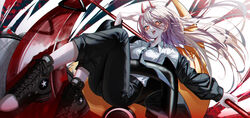  absurdres black_footwear black_jacket black_necktie black_pants breasts chainsaw_man collared_shirt commentary cross-shaped_pupils demon_horns female floating_hair grey_hair hair_between_eyes hemokinesis highres holding holding_weapon horns jacket long_hair long_sleeves looking_at_viewer medium_breasts necktie noubin open_clothes open_jacket open_mouth pants power_(chainsaw_man) red_eyes red_horns shirt shoes solo symbol-shaped_pupils unzipped weapon white_shirt zipper 