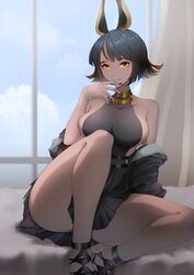  aliasing animal_ears bare_shoulders bed black_dress black_footwear black_hair black_jacket blue_sky breasts brown_nails chinese_commentary clothes_pull cloud commentary covered_collarbone curtains dark-skinned_female dark_skin dress female foot_out_of_frame girls&#039;_frontline girls&#039;_frontline_neural_cloud imhotep_(neural_cloud) indoors jacket jacket_pull knee_up light_blush looking_at_viewer medium_breasts mole mole_under_eye multicolored_hair nail_polish nose on_bed open_mouth orange_eyes shadow short_hair sideboob simple_background sitting sky smile solo streaked_hair sunlight teeth thatob thighs window 