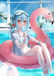  ahoge barefoot bikini blue_hair blush breasts cloud english_commentary feet female food goggles goggles_on_head hair_between_eyes highres holding holding_food holding_ice_cream ice_cream indoors innertube jacket legs licking long_bangs looking_at_viewer low_ponytail multicolored_hair murumuru_(pixiv51689952) navel open_clothes open_jacket original pool popsicle red_eyes scrunchie short_sleeves sky small_breasts soles solo sunlight sweat swim_ring swimsuit toes white_bikini white_jacket wrist_scrunchie 