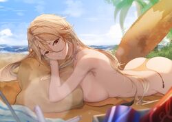  ass bare_shoulders beach bikini blonde_hair blurry blurry_background blurry_foreground breasts brown_eyes chinese_commentary cloud commentary day female from_side girls&#039;_frontline girls&#039;_frontline_neural_cloud head_on_hand large_breasts lens_flare long_hair looking_at_viewer lying multicolored_hair ocean on_stomach open_mouth orange_bikini outdoors palm_tree pillow sand shadow side-tie_bikini_bottom sideboob sky smile sol_(neural_cloud) solo streaked_hair summer sunbathing sunlight surfboard swimsuit teeth thatob thighs thong_bikini tree undone_bikini upper_body 