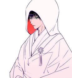  1boy black_hair crossdressing fushiguro_megumi green_eyes hair_between_eyes highres hood hood_up hooded_robe japanese_clothes jujutsu_kaisen kimono long_sleeves looking_away male_focus red_lips robe shenshan_laolin short_hair simple_background solo spiked_hair uchikake white_background white_kimono 