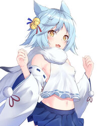  :3 :d absurdres animal_ears azur_lane bare_shoulders bell blue_hair blue_skirt breasts covered_nipples cowboy_shot crop_top crop_top_overhang detached_sleeves female fubuki_(azur_lane) hair_ornament hands_up highres jingle_bell long_sleeves looking_at_viewer midriff miniskirt navel no_bra open_mouth pleated_skirt ponta_(velmar) scarf shirt short_hair simple_background skirt small_breasts smile solo white_background white_shirt wide_sleeves yellow_eyes 