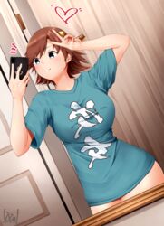  alternate_costume blue_shirt breasts brown_hair cellphone clothes_writing female flipped_hair grey_eyes hairband headgear hiei_(kancolle) hiei_kai_ni_(kancolle) highres holding holding_phone indoors kantai_collection large_breasts mirror phone shirt shitty_t-shirt_naval_base short_hair smartphone solo tadokoro_nurikabe 