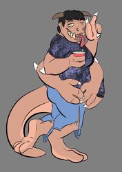  after_transformation anthro beverage claws clothing hi_res horn male mammal monster multi_arm multi_limb snout solo solo_cup tail thick_tail tongue tongue_out torn_clothing wolfsketchinjeff 