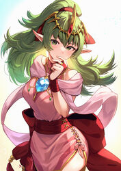  alternate_costume blush breasts bridal_gauntlets chest_jewel commentary cosplay covered_mouth dragonstone dress female fire_emblem fire_emblem:_mystery_of_the_emblem fire_emblem_awakening fire_emblem_heroes floating_hair gem green_eyes green_hair hair_between_eyes hair_ribbon hand_on_own_chin high_ponytail highres jewelry long_hair looking_at_viewer medium_breasts nakabayashi_zun official_alternate_costume pelvic_curtain pink_dress pointy_ears red_ribbon ribbon sash short_dress side_slit signature sleeveless sleeveless_dress solo tiara tiki_(adult)_(fated_divinity)_(fire_emblem) tiki_(adult)_(fire_emblem) tiki_(fire_emblem) tiki_(young)_(fire_emblem) tiki_(young)_(fire_emblem)_(cosplay) 