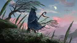  16:9 2020 anthro barefoot cloak clothed clothing cloud crook day detailed_background digital_media_(artwork) dragon feet fully_clothed grass grey_body grey_scales hi_res hindpaw holding_object holding_staff horn landscape leaf leaves_blowing male moon moss mountain mythological_creature mythological_scalie mythology nature outside paws phyn plant scales scalie scenic_view side_view sky solo staff standing tail themefinland tree walking_stick widescreen wind wingless_dragon 