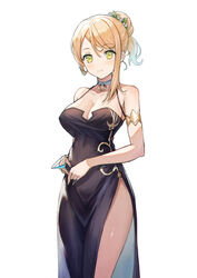  aer7o armlet atelier_(series) atelier_ryza atelier_ryza_1 black_dress blonde_hair breasts choker cleavage closed_mouth covered_nipples dress female hair_bun highres klaudia_valentz large_breasts martini short_ponytail side_slit simple_background single_hair_bun single_sidelock smile solo standing white_background 