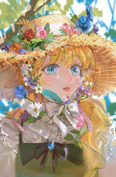  animal animal_on_head athanasia_de_alger_obelia bird bird_on_head blonde_hair blue_bird blue_eyes blurry chin_strap chinese_commentary day depth_of_field dress eoneu_nal_gongjuga_doeeobeoryeotda female flower gem hat hat_flower hat_ribbon highres juanone88 long_hair looking_away looking_to_the_side on_head parted_lips pinafore_dress pink_flower plaid plaid_ribbon portrait red_flower red_rose ribbon rose sleeveless sleeveless_dress solo straw_hat sun_hat white_flower white_ribbon 