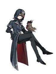  1boy bad_id bad_pixiv_id bird bird_on_hand black_footwear black_gloves covered_eyes crossed_legs eli_clark eli_clark_(surveyor) facing_viewer full_body glint gloves highres hood identity_v invisible_chair kouri_(kyorosuukeeeeeee) male_focus owl simple_background sitting solo white_background 