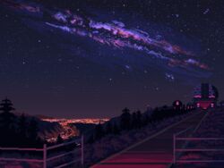  animated animated city_lights kldpxl looping_animation night night_sky no_humans observatory original outdoors path pixel_art railing scenery shooting_star sky star_(sky) tree 