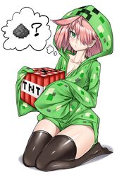  :/ ? black_thighhighs breasts cleavage collarbone commentary creeparka creeper english_commentary examon_(sigemaultraexa) explosive female green_eyes green_hoodie gunpowder hair_over_one_eye highres hood hood_up hoodie long_sleeves looking_at_viewer medium_hair minecraft personification pink_hair seiza shiny_skin simple_background sitting sleeves_past_fingers sleeves_past_wrists solo thighhighs thought_bubble tnt tsurime white_background 