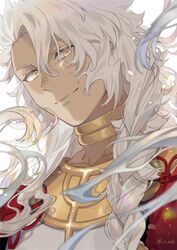  1boy braid collar dark-skinned_male dark_skin fate/grand_order fate_(series) hair_between_eyes highres jewelry long_hair looking_at_viewer male_focus n_oel portrait single_braid smile solo solomon_(fate) upper_body white_hair yellow_eyes 