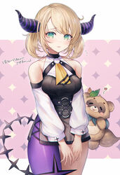  animal_ears ascot bare_shoulders black_dress blonde_hair blush breasts commentary_request cosplay cowboy_shot demon_horns detached_sleeves dress female green_eyes heart highres hololive horns kazama_iroha la+_darknesss la+_darknesss_(1st_costume) la+_darknesss_(cosplay) long_sleeves looking_at_viewer medium_breasts mirukurim parted_lips pokobee purple_legwear raccoon_ears short_hair single_leg_pantyhose solo standing tail translation_request v_arms virtual_youtuber yellow_ascot 