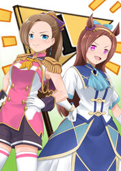  2girls animal_ears ascot blue_ascot blue_eyes brown_hair commentary cosplay costume_switch crossover ear_ornament earrings elbow_gloves epaulettes flower_in_eye furatto gloves hairband hand_on_own_hip high_ponytail highres horse_ears horse_girl jaggy_lines jewelry katarina_claes katarina_claes_(cosplay) long_hair look-alike multiple_girls neckerchief otome_game_no_hametsu_flag_shika_nai_akuyaku_reijou_ni_tensei_shite_shimatta pink_eyes sakura_bakushin_o_(umamusume) sakura_bakushin_o_(umamusume)_(cosplay) shorts sleeveless symbol_in_eye thighhighs trait_connection umamusume white_gloves white_legwear yellow_neckerchief 