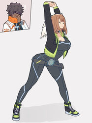  ! 1boy arms_up black_bodysuit black_footwear black_jacket bodysuit breast_tattoo breasts brown_eyes brown_hair cammy_stretch_(meme) cleavage closed_eyes closed_mouth coat commentary dark-skinned_male dark_skin djames english_commentary eunie_(xenoblade) female full_body glasses head_wings highres jacket large_breasts long_sleeves medium_hair meme orange_scarf pink_background scarf short_hair standing stretching taion_(xenoblade) tattoo two-tone_background white_background white_coat white_wings wings xenoblade_chronicles_(series) xenoblade_chronicles_3 