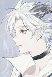  1boy asmodea_(latale) choker commentary demon demon_boy demon_horns facing_to_the_side horns kuzuvine latale looking_to_the_side male_focus pale_skin pointy_ears profile red_eyes solo symbol-only_commentary white_hair white_theme 