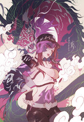  aerosol akali artist_name bare_shoulders bebseo belt black_gloves black_pants brown_hair crop_top dragon eastern_dragon english_commentary expressionless female fingerless_gloves gloves graffiti hat high_ponytail highres holding jacket k/da_(league_of_legends) k/da_akali league_of_legends long_hair looking_at_viewer mask mouth_mask multicolored_hair navel pants ponytail purple_hair purple_jacket solo stomach white_belt yellow_eyes 