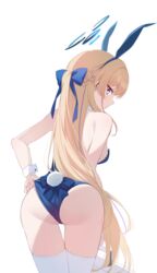  adjusting_clothes adjusting_leotard animal_ears ass back bare_shoulders blonde_hair blue_archive blue_bow blue_eyes blue_hairband blue_halo blue_leotard bow bowtie braid breasts briefcase commentary detached_collar fake_animal_ears female from_behind hairband halo highleg highleg_leotard highres holding holding_briefcase leaning_forward leotard long_hair medium_breasts nemu_mohu official_alternate_costume official_alternate_hairstyle playboy_bunny rabbit_ears simple_background solo strapless strapless_leotard thighhighs thighs toki_(blue_archive) toki_(bunny)_(blue_archive) very_long_hair white_background white_thighhighs wrist_cuffs 