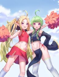  2girls ahoge alternate_costume alternate_hairstyle bare_shoulders blush breasts bun_cover cheerleader chinese_clothes day english_commentary feet_out_of_frame fire_emblem fire_emblem_awakening green_hair highres looking_at_viewer midriff miniskirt mother_and_daughter multiple_girls nah_(fire_emblem) navel nowi_(fire_emblem) nzz pelvic_curtain pointy_ears pom_pom_(cheerleading) purple_eyes red_skirt skirt sleeves_past_wrists small_breasts socks stomach thighhighs twintails white_socks white_thighhighs 