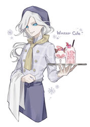  1boy bad_id bad_pixiv_id blue_eyes blue_sclera colored_sclera dessert drinking_straw food grey_headwear holding holding_tray identity_v joseph_desaulniers kouri_(kyorosuukeeeeeee) long_hair long_sleeves male_focus necktie no_pupils simple_background snowflakes solid_eyes solo standing towel tray waiter white_background white_hair yellow_necktie 