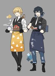  2boys agatsuma_zenitsu alternate_costume animal_on_shoulder apron bird bird_on_shoulder black_footwear black_gloves black_necktie black_pants black_shirt black_vest blonde_hair blue_hair boots chuntarou_(kimetsu_no_yaiba) commentary cup denim eating food food_on_face gloves grey_background hashibira_inosuke highres holding jeans kimetsu_no_yaiba male_focus menu mug multicolored_hair multiple_boys necktie pants papajay_(jennygin2) ponytail print_apron shirt simple_background sparrow spoon steam sweat symbol-only_commentary triangle_print vest waist_apron waiter white_necktie white_shirt yellow_eyes 