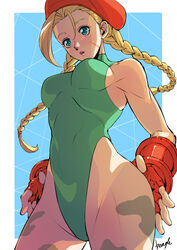  absurdres ahoge beret blonde_hair blue_eyes bodypaint braid breasts cammy_white cowboy_shot curious female fingerless_gloves gloves green_leotard hat highleg highleg_leotard highres huge_ahoge leotard long_hair medium_breasts red_gloves red_hat scar scar_on_cheek scar_on_face sleeveless sleeveless_turtleneck sleeveless_turtleneck_leotard solo street_fighter street_fighter_ii_(series) strikebeagle turtleneck turtleneck_leotard twin_braids 