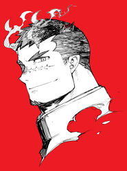  1boy bara black_hair cropped_shoulders facial_hair forked_eyebrows goatee highres looking_at_viewer male_focus mature_male military military_uniform naop_(anything) red_background scar scar_on_face scar_on_nose short_hair sideburns smile solo tokyo_afterschool_summoners undercut uniform yoritomo_(housamo) 