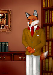  absurd_res canid canine clothing dobie-ace fox general_pepper hi_res inside library male mammal nintendo solo star_fox suit 