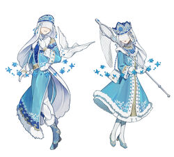  1boy adapted_costume alternate_costume bad_id bad_pixiv_id bag bird blonde_hair blue_dress blue_footwear blue_headwear blue_jacket blue_robe boots butterfly_net cosplay crown dress eli_clark female full_body fur-trimmed_boots fur-trimmed_dress fur-trimmed_robe fur_trim gloves hand_net hand_on_own_chest hat highres holding holding_butterfly_net identity_v jacket jewelry kouri_(kyorosuukeeeeeee) melly_plinius melly_plinius_(cosplay) melly_plinius_(sophia) multiple_views necklace official_alternate_costume open_clothes open_jacket owl pants pantyhose parted_lips pearl_necklace robe shoulder_bag simple_background smile standing star_(symbol) veil veil_over_eyes white_background white_gloves white_legwear white_pants white_pantyhose 