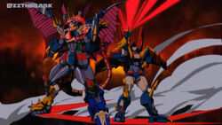  1980s_(style) 1990s_(style) alternate_form animification arm_blade armor bird_wings cannon city claw_(weapon) claws clenched_hands commentary crossover dancouga_(series) dancouga_nova dancouga_nova_max_god destruction dinosaur english_commentary fighting_stance glowing glowing_eyes glowing_sword glowing_weapon gravezord highres holding holding_sword holding_weapon horns juusou_kikou_dancouga_nova looking_at_viewer machine mask mecha mega-gravezord megazord mighty_morphin_power_rangers no_humans oobari_masami_(style) power_rangers power_rangers_shattered_grid red_eyes retro_artstyle robot ruins science_fiction signature size_difference smoke spikes super_robot sword tail tokusatsu twitter_username weapon wings yellow_eyes zakman-wahid 